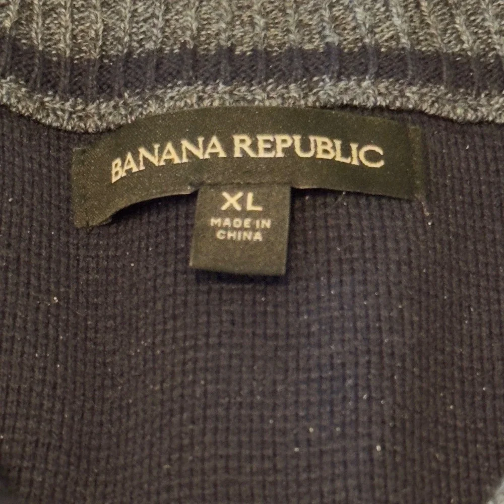 Banana Republic Mens XL Full Zip Cardigan Sweater Navy Blue Gray‎ Mock Neck Knit